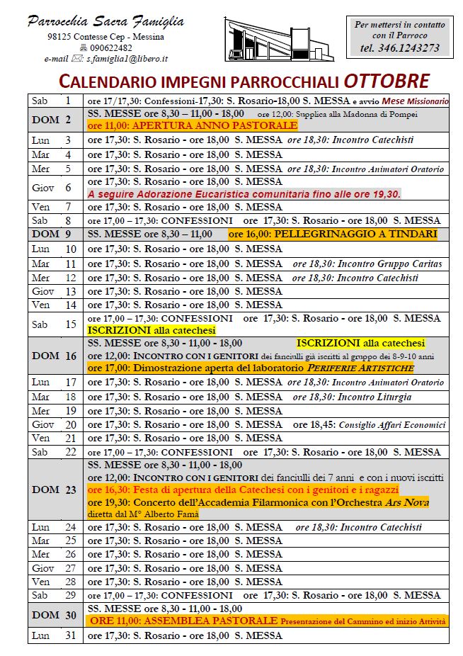 Calendario Impegni parrocchiali Ottobre 2022