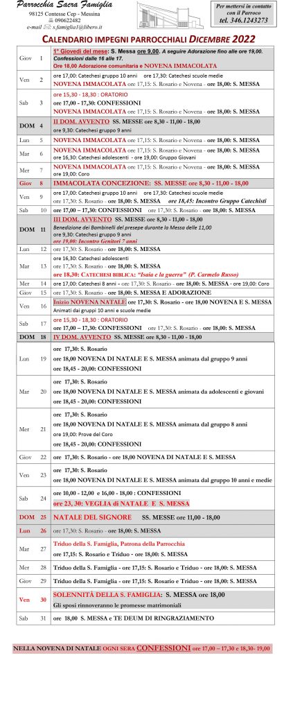 CALENDARIO IMPEGNI PARROCCHIALI DICEMBRE 2022