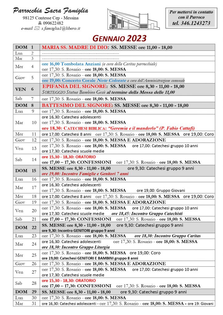 Calendario Impegni Parrocchiali - Gennaio 2023