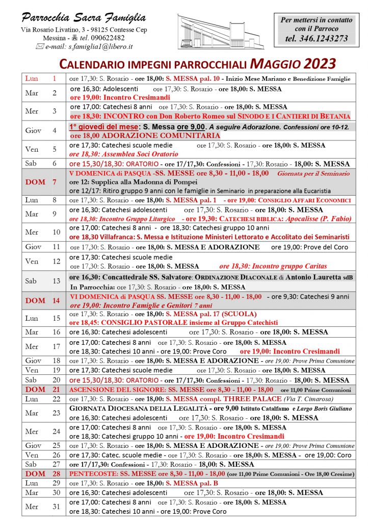 Calendario impegni parrocchiali - Maggio 2023