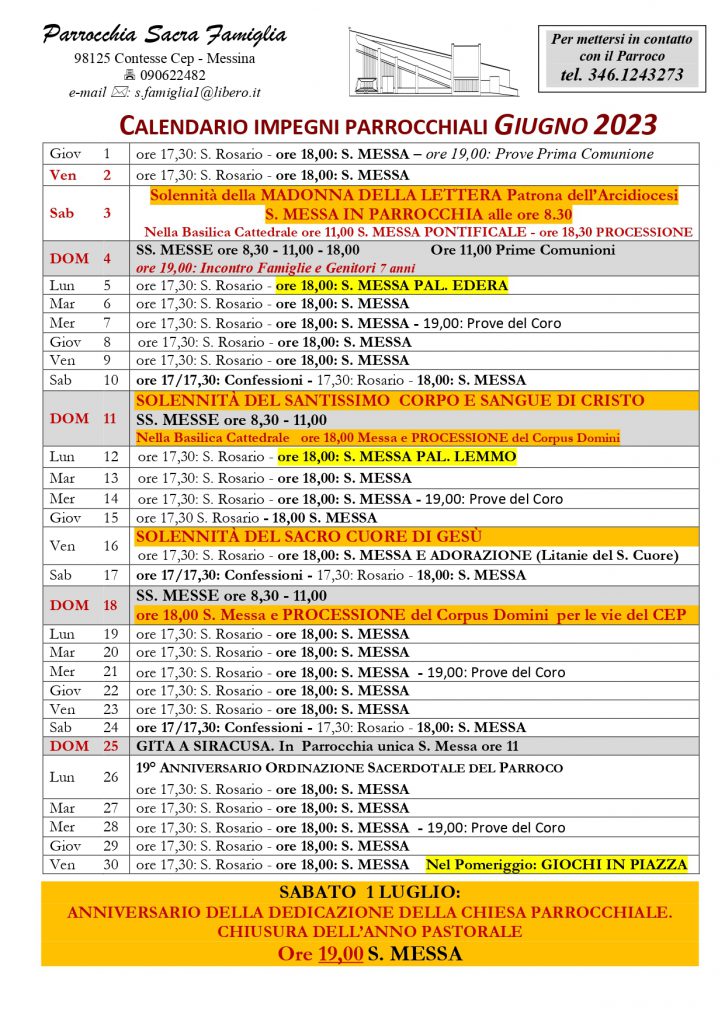 Calendario Imperi Parrocchiali -  Giugno 2023