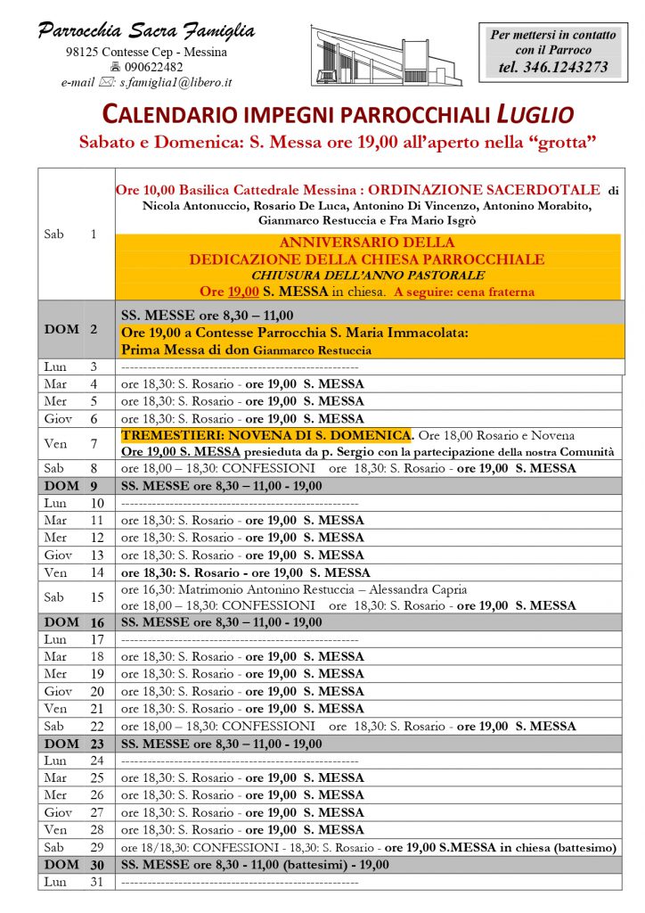 Calendario impegni parrocchiali Mese di Luglio