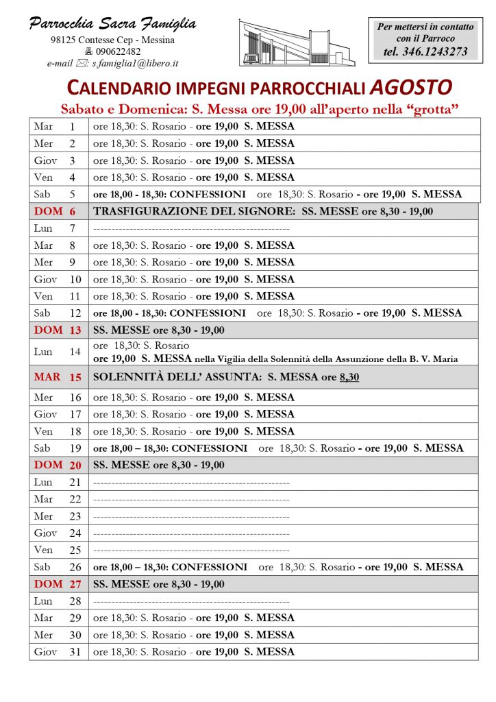 Impegni parrocchiali - Mese di Agosto 