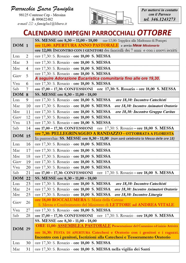 Calendario Impegni Parrocchiali - mese di ottobre 2023