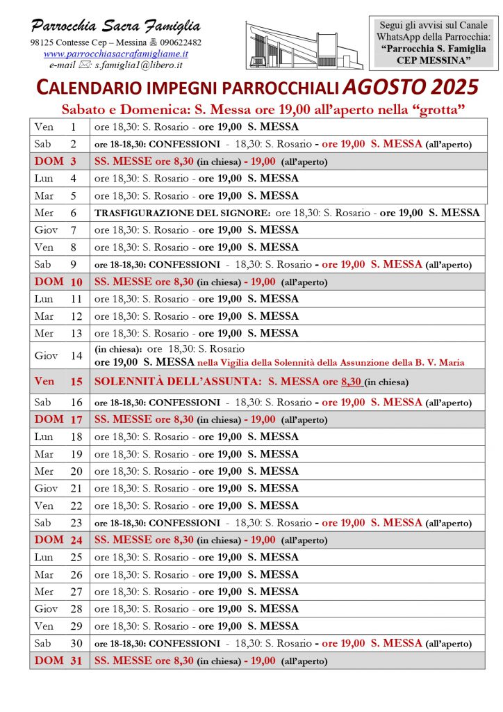 Calendario impegni parrocchiali Agosto 2025
