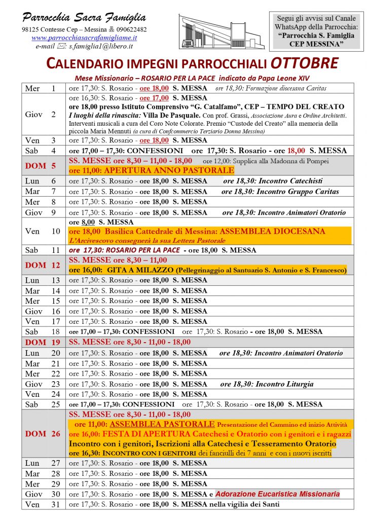 Calendario impegni parrocchiali Ottobre '25