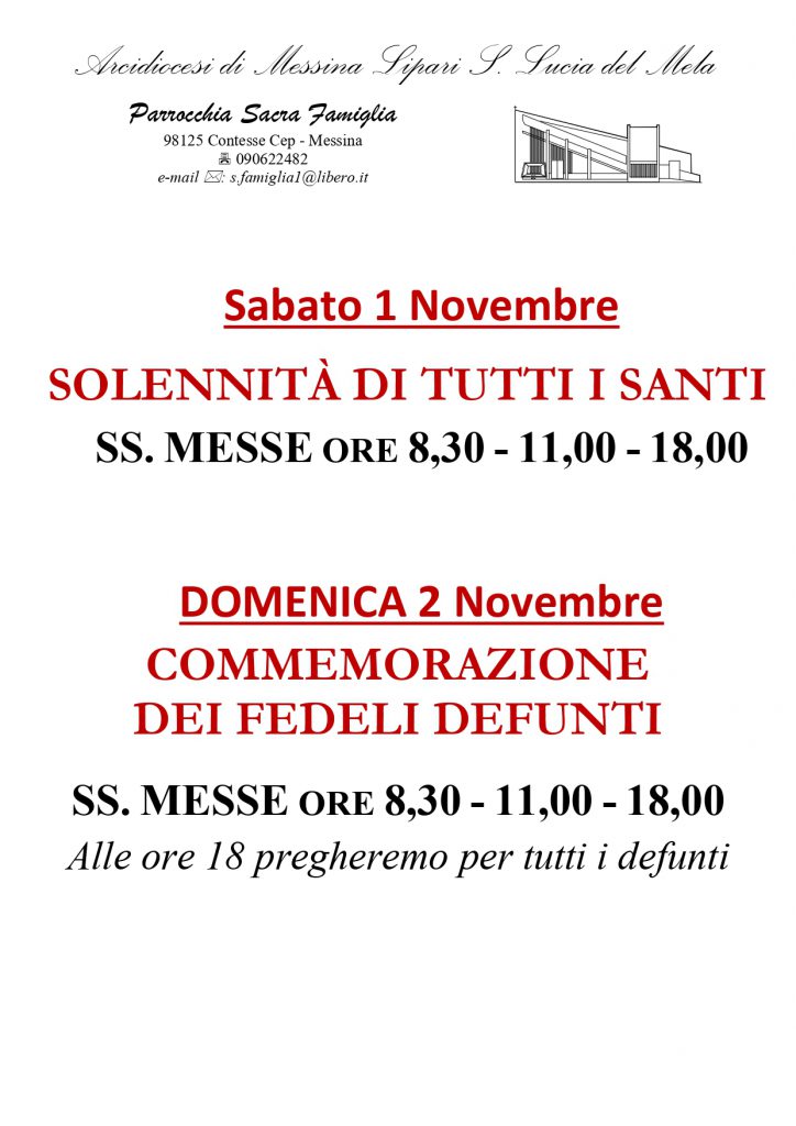 Orari SS. Messe nei giorni di Ognissanti e Fedeli Defunti