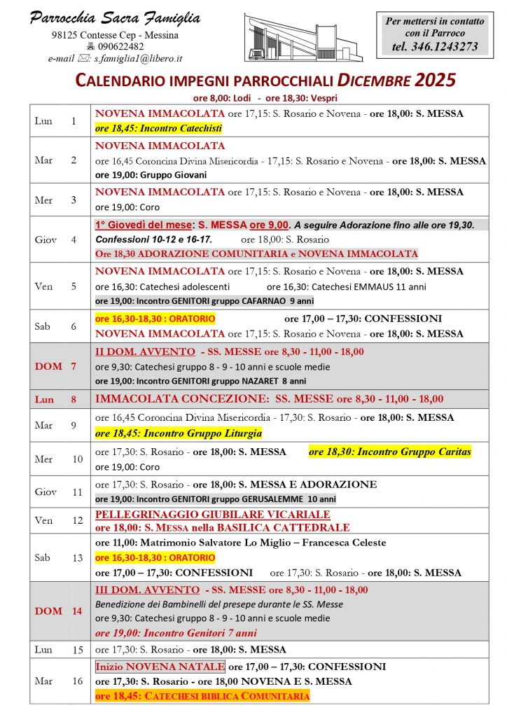 Calendario impegni parrocchiali dal 1 al 16 Dicembre 2025.
