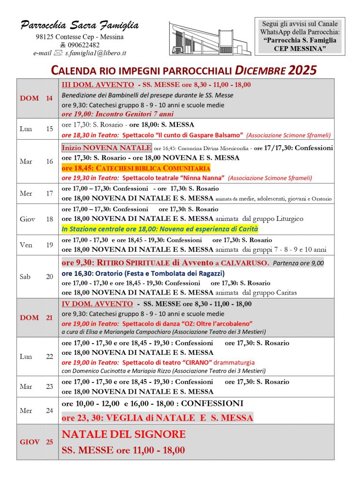 Calendario impegni parrocchiali - Periodo Natalizio
