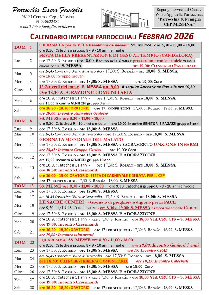 Calendario impegni parrocchiali - Febbraio 2026