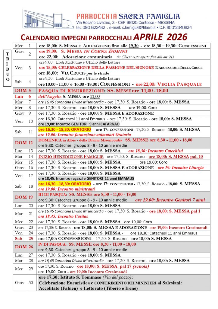 Calendario Impegni parrocchiali