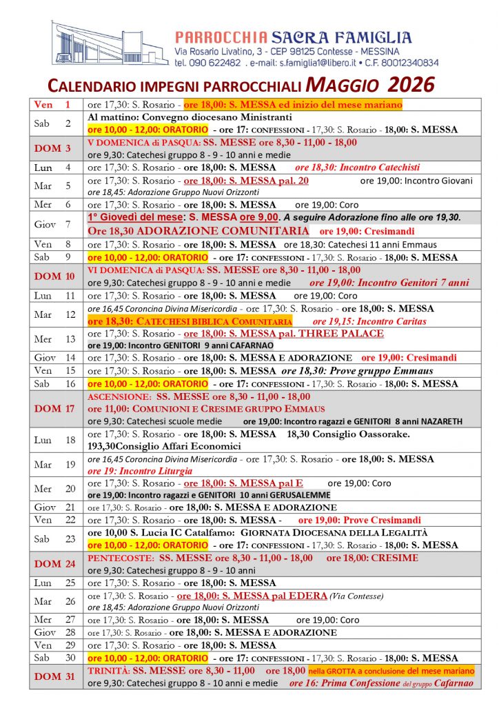 Calendario impegni parrocchiali - maggio 2026