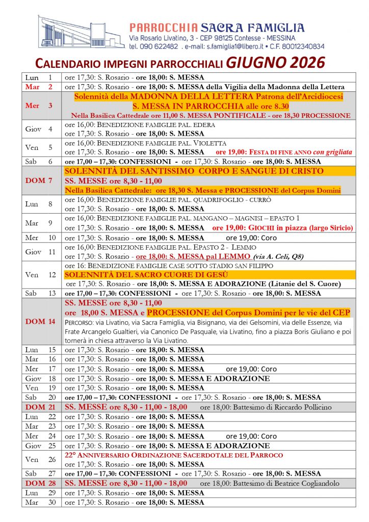 Calendario impegni parrocchiali - Giugno 2026