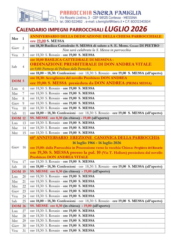 Calendario impegni parrocchiali Luglio 2026