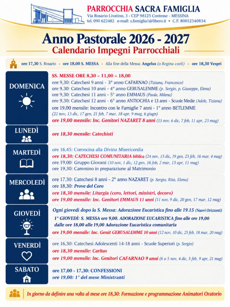 Anno Pastorale 2026-27 Calendario Impegni parrocchiali