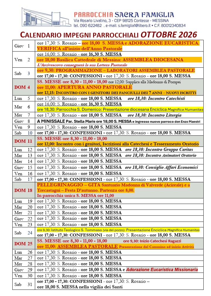 Calendario impegni parrocchiali - ottobre 2026